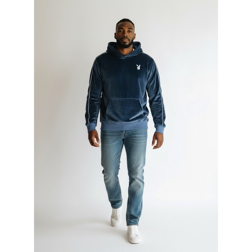 Playboy Mens Velour Hoodie Blue Velvet Bunny Logo Piping Sweatshirt Medium